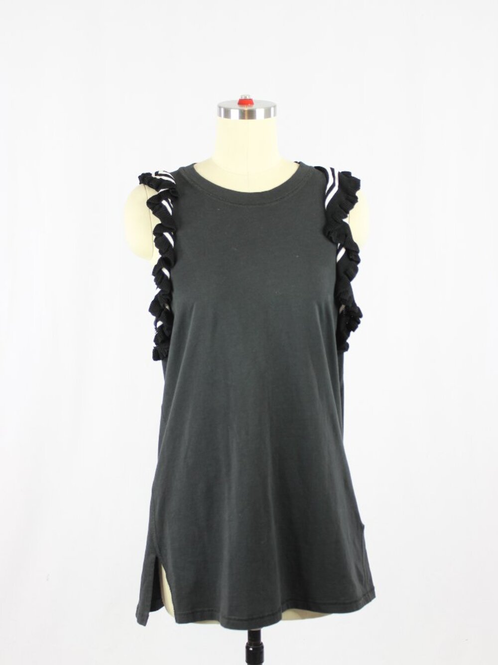 3.1 PHILLIP LIM Black 100% Cotton Jersey Knit Ruffle Trim Tunic Tank Top, Size S
